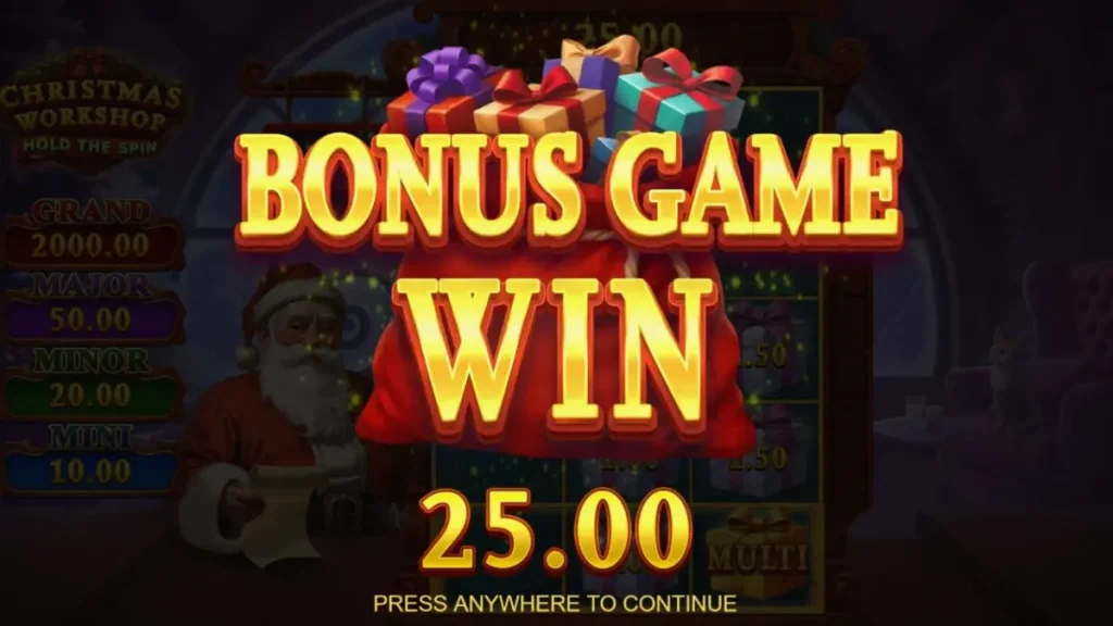 Tampilan visual slot Christmas Workshop: Hold The Spin dengan tema bengkel Santa yang meriah