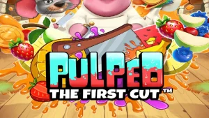 Tampilan visual slot Pulped: The First Cut dengan tema dapur tropis dan karakter koki hewan.